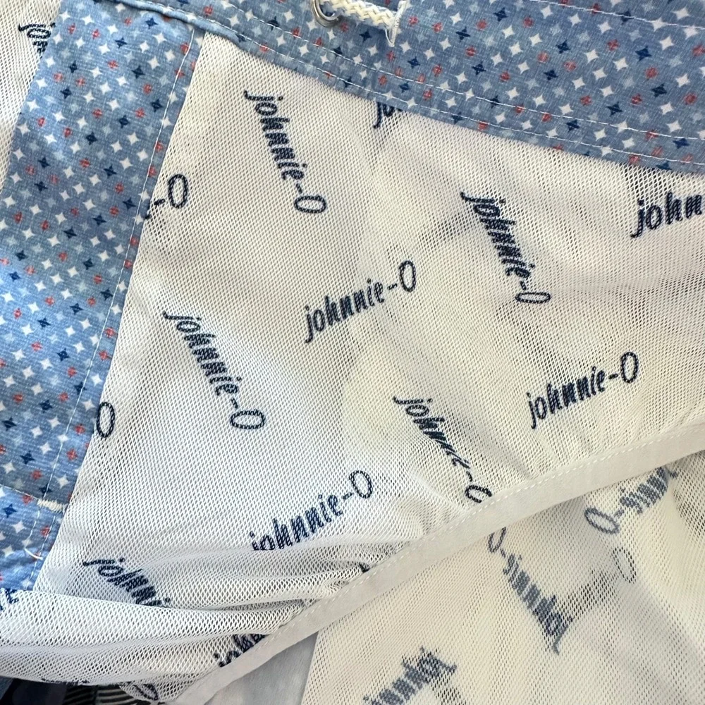 Johnnie-O Mens Blue Geometric Diamond Print Swim Trunks Size Medium Drawstring